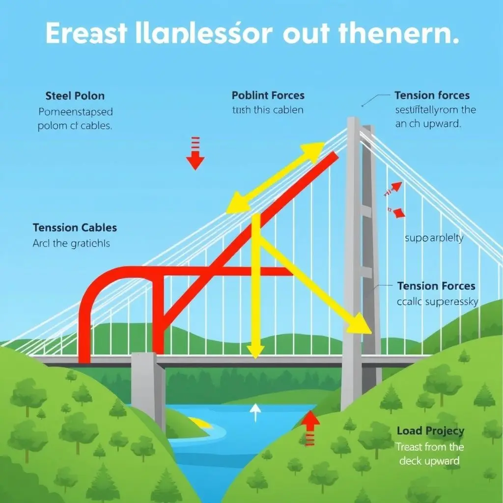 Simplified diagram illustrating the forces in a suspension bridge: downward compression on pylons, upward tension on main cables, and load transfer from the deck via suspenders.