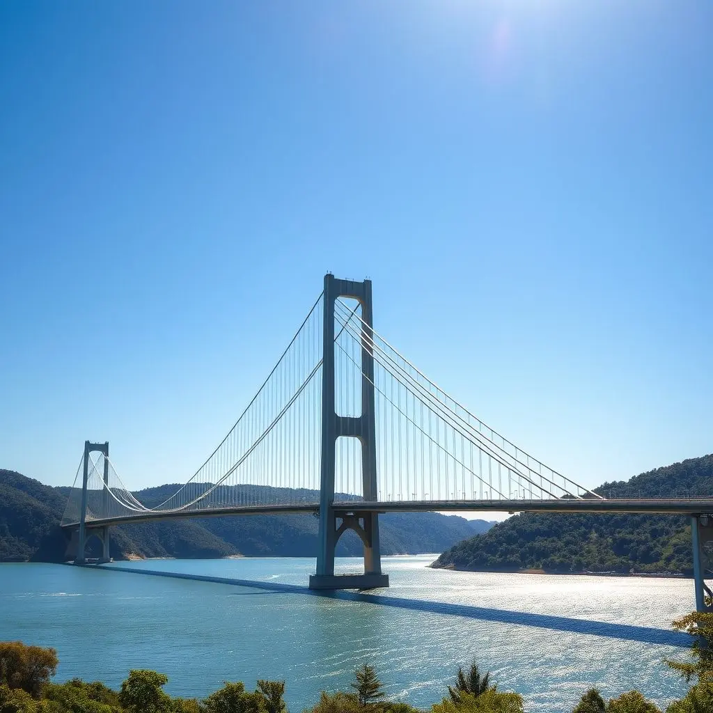 Grand view of a suspension bridge showing towering pylons supporting the main cables and the deck below.