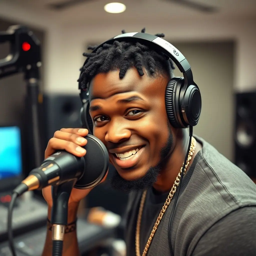 T-Pain in a recording studio, microphone in hand, exuding confidence with his distinctive vocal style.
