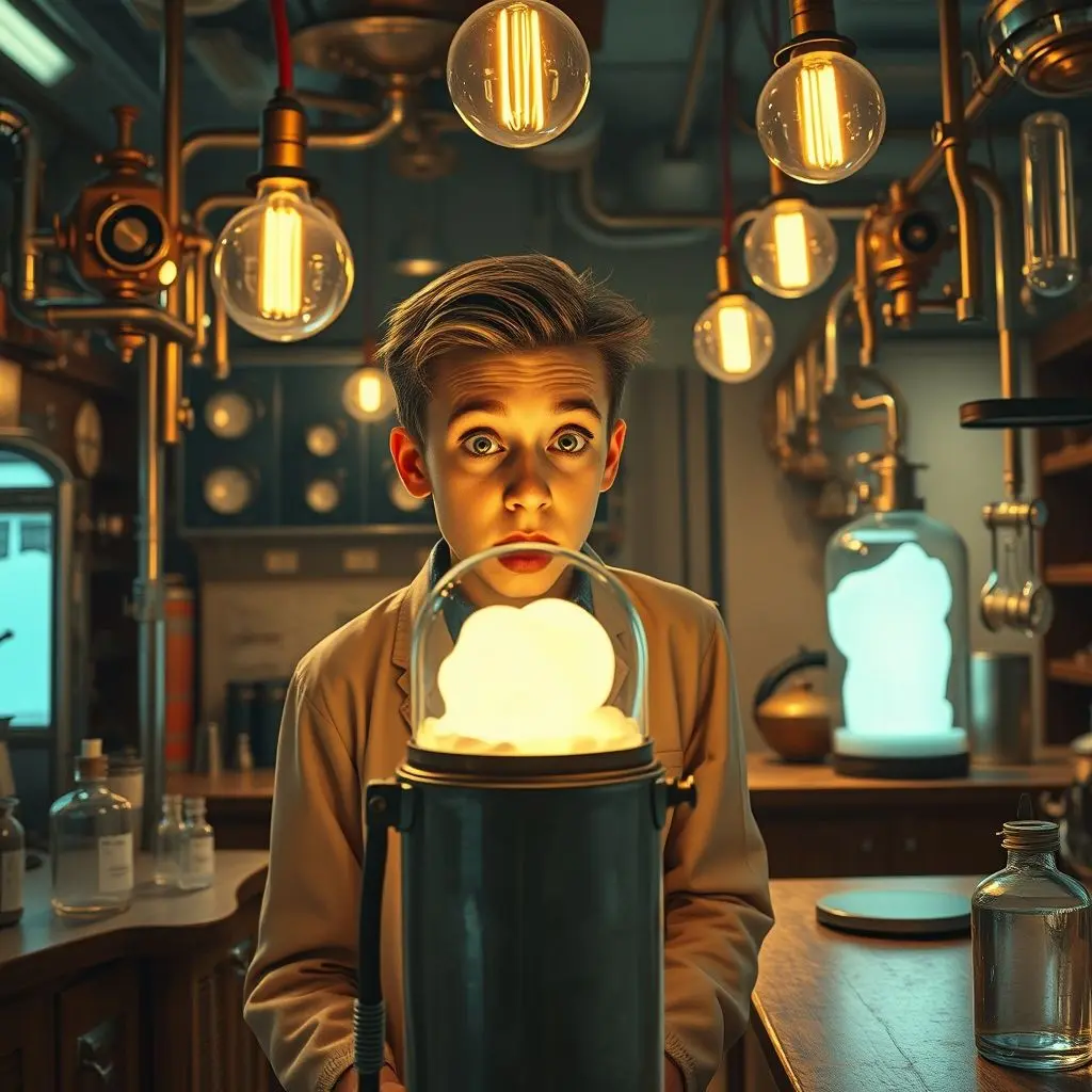 A depiction of a 1930s laboratory, where Roy Plunkett is observing the unexpected discovery of Teflon in a gas cylinder.