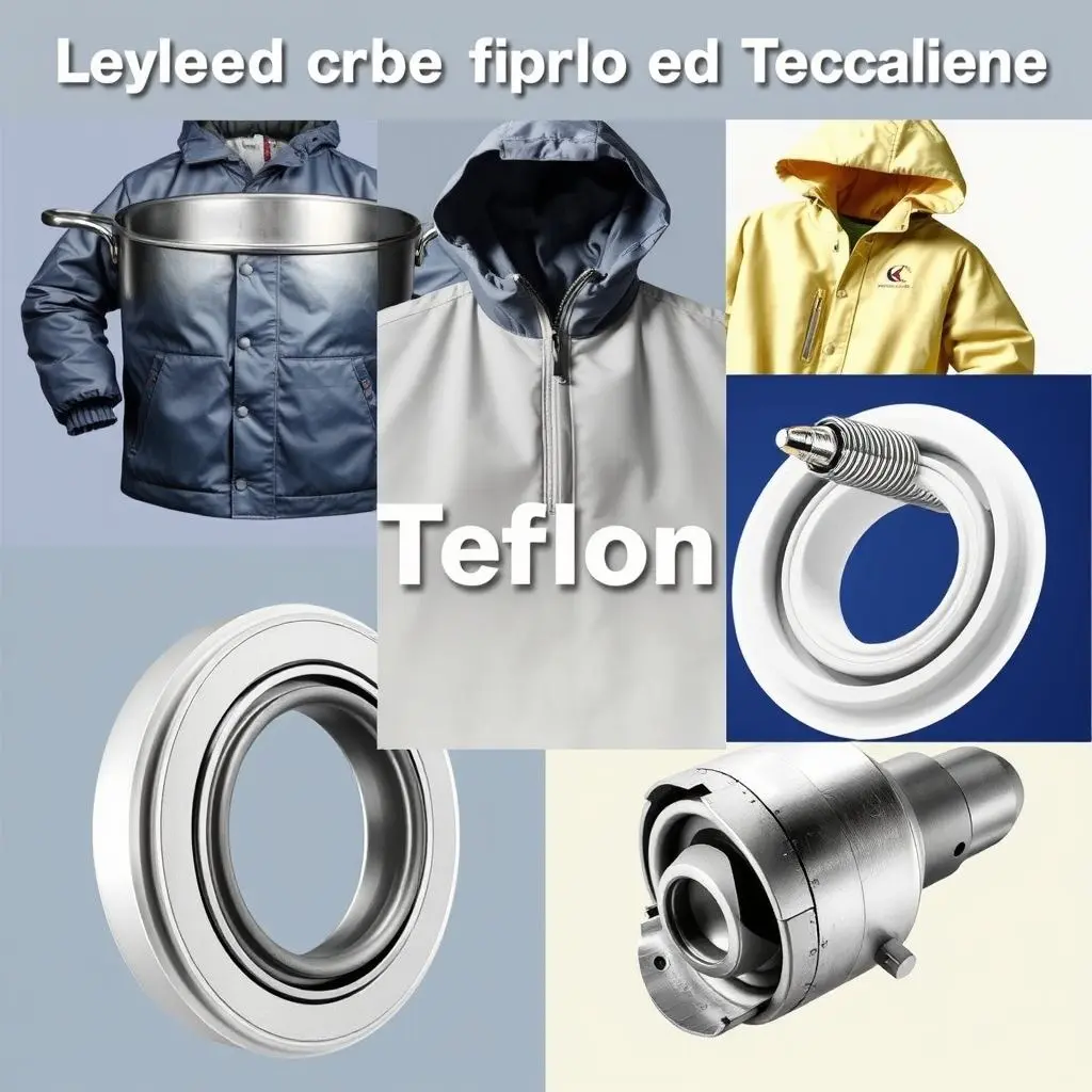 Collage of various applications of Teflon beyond cookware, including industrial parts, medical devices, and outdoor gear.
