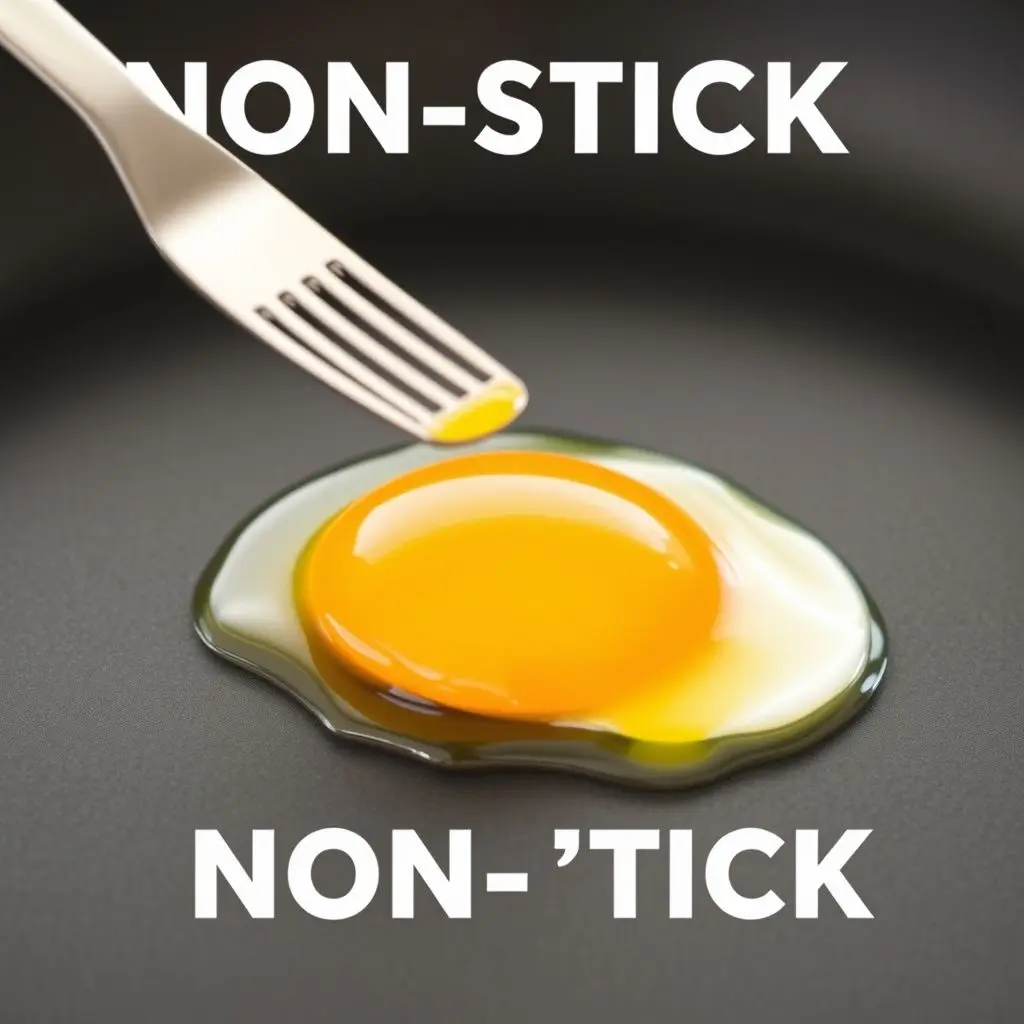 An egg effortlessly sliding off a non-stick pan, illustrating the non-stick effect.