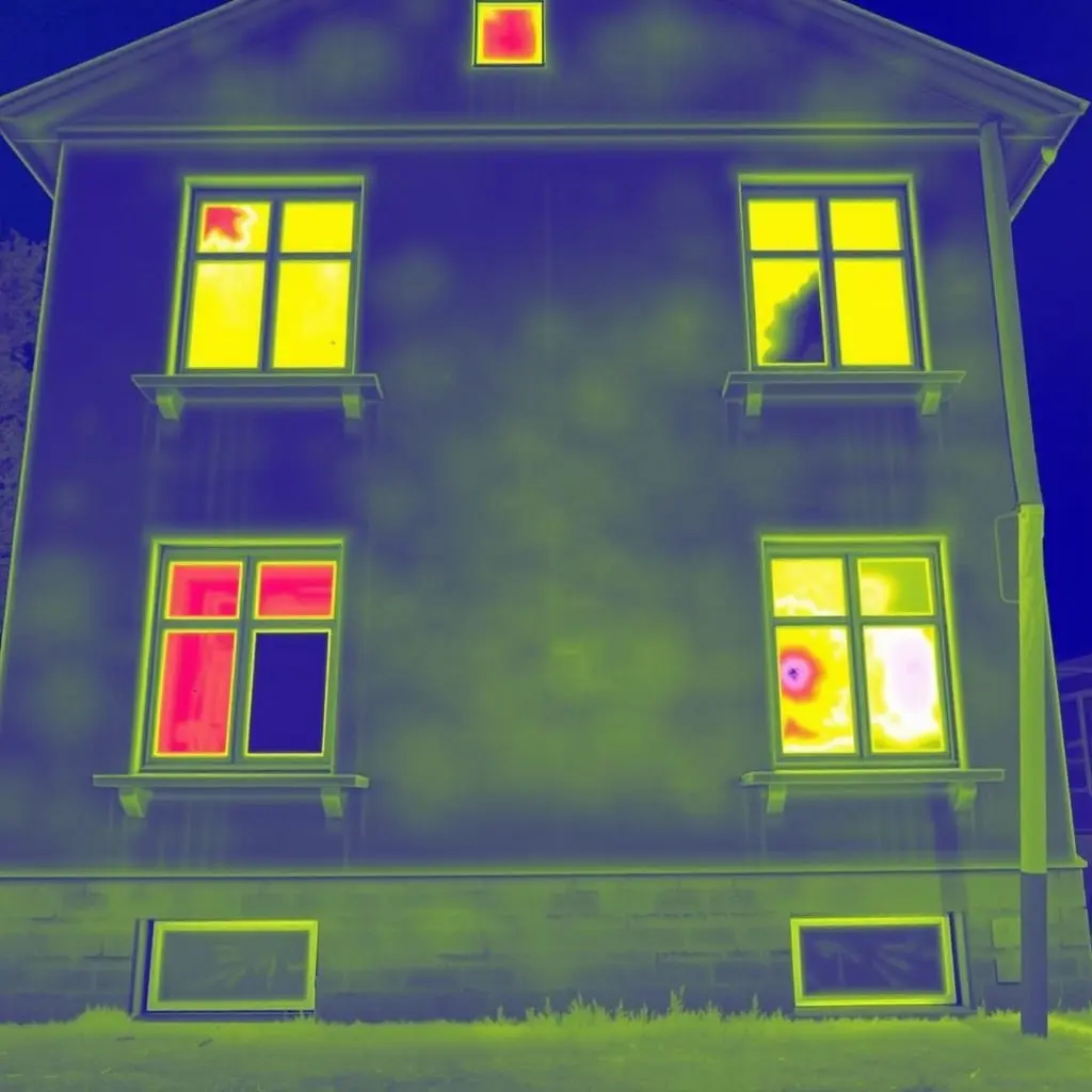 Thermal image showing heat loss from a building