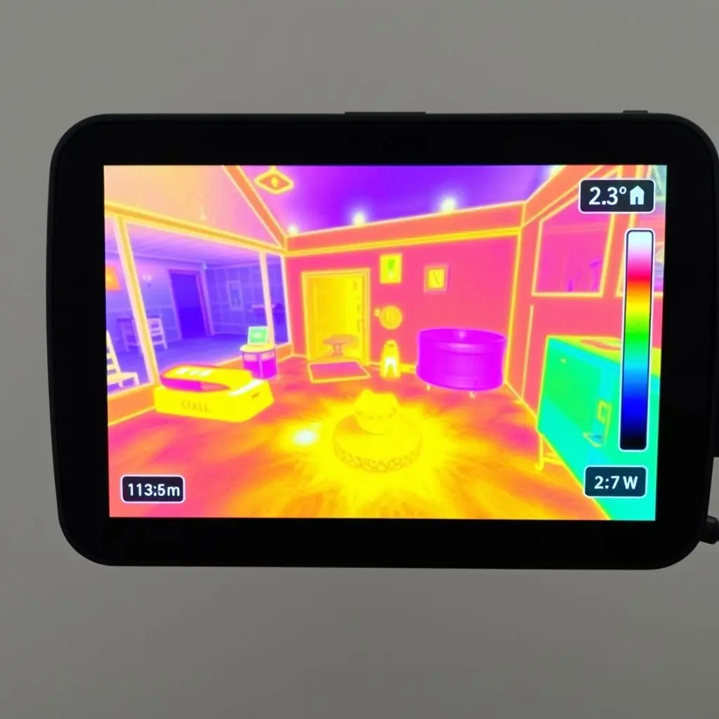 Thermal camera display showing a scene with different colors representing heat
