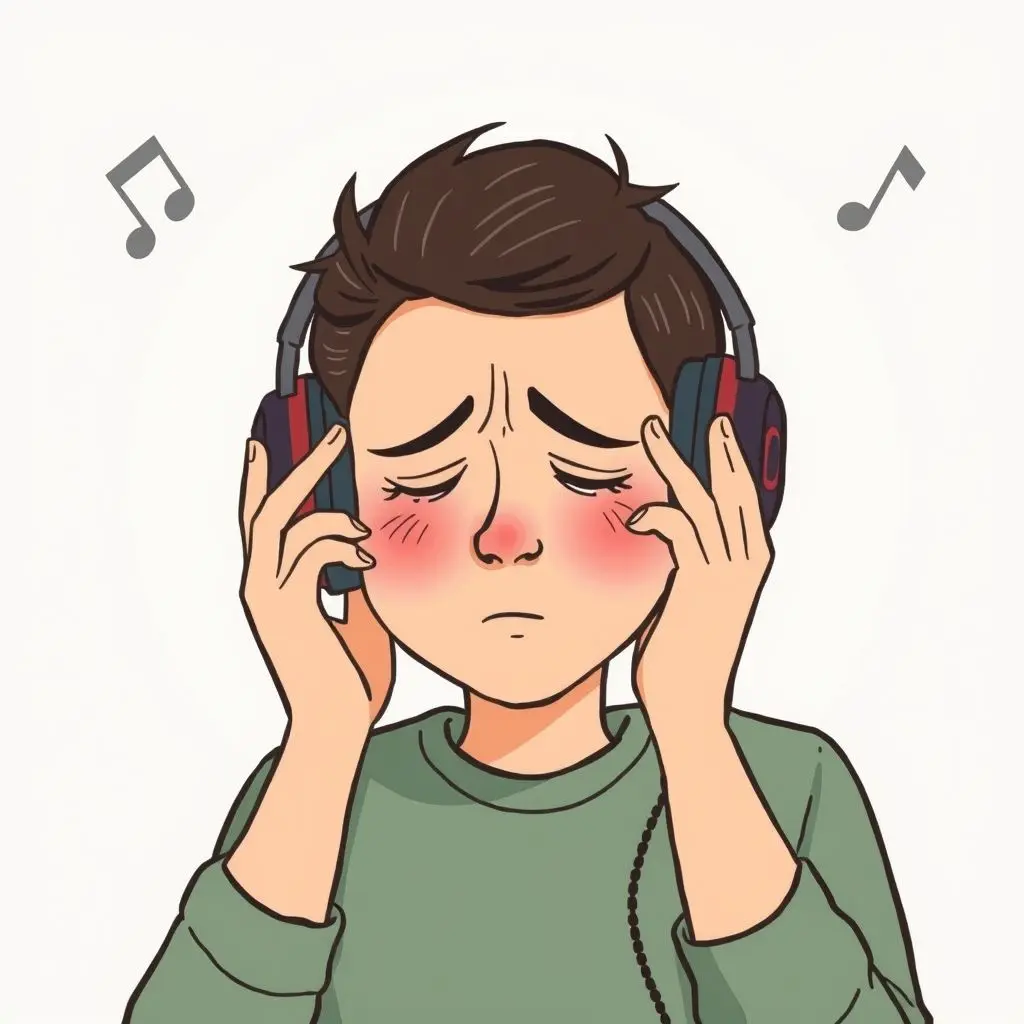 Person looking fatigued while listening to headphones