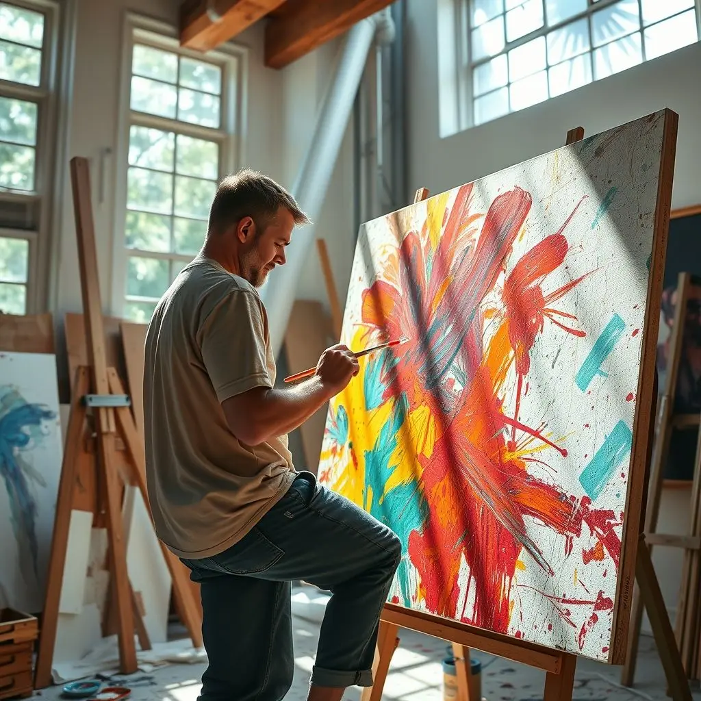 Human artist painting on canvas with brush