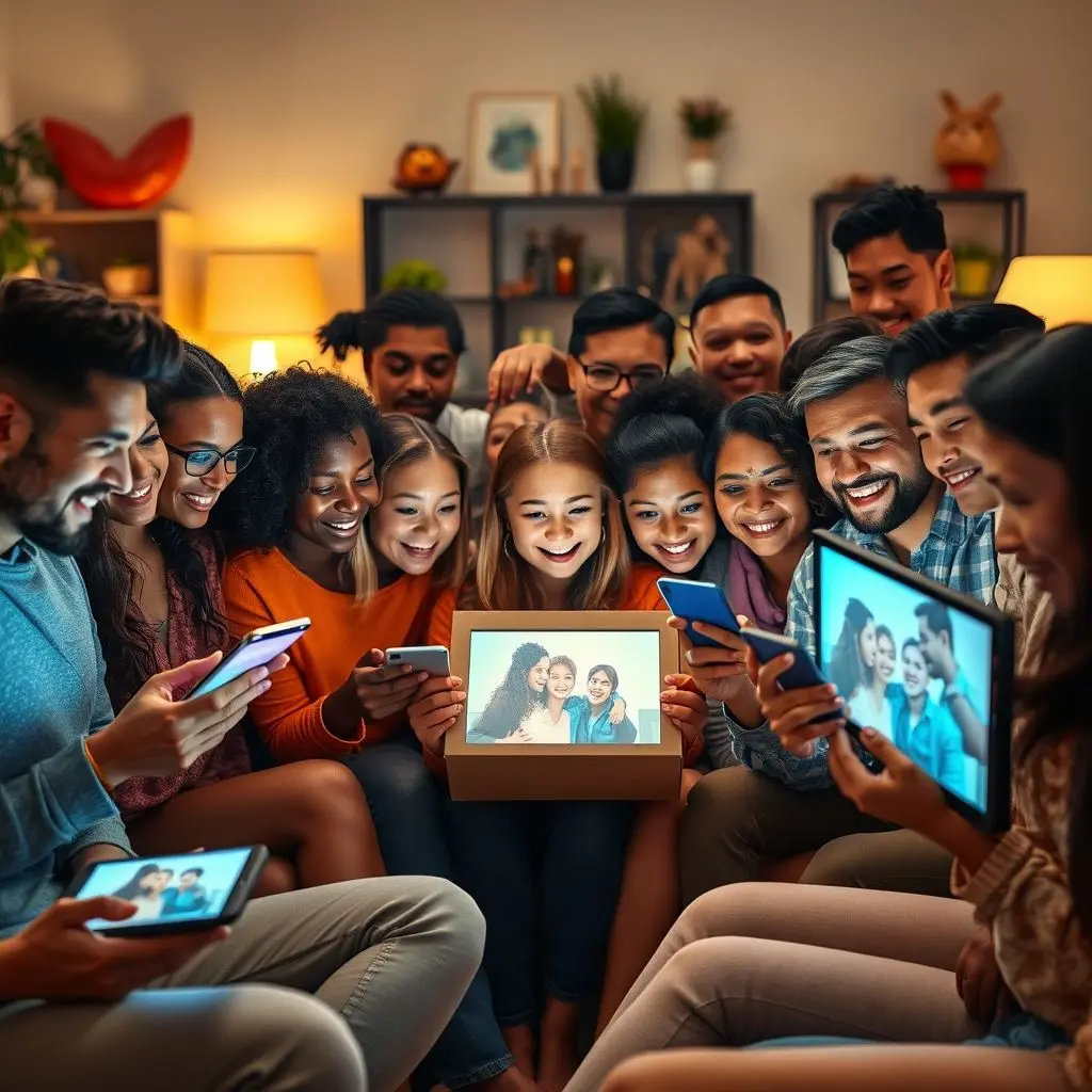 Diverse group of people watching an unboxing video on screens, showing shared excitement and connection.