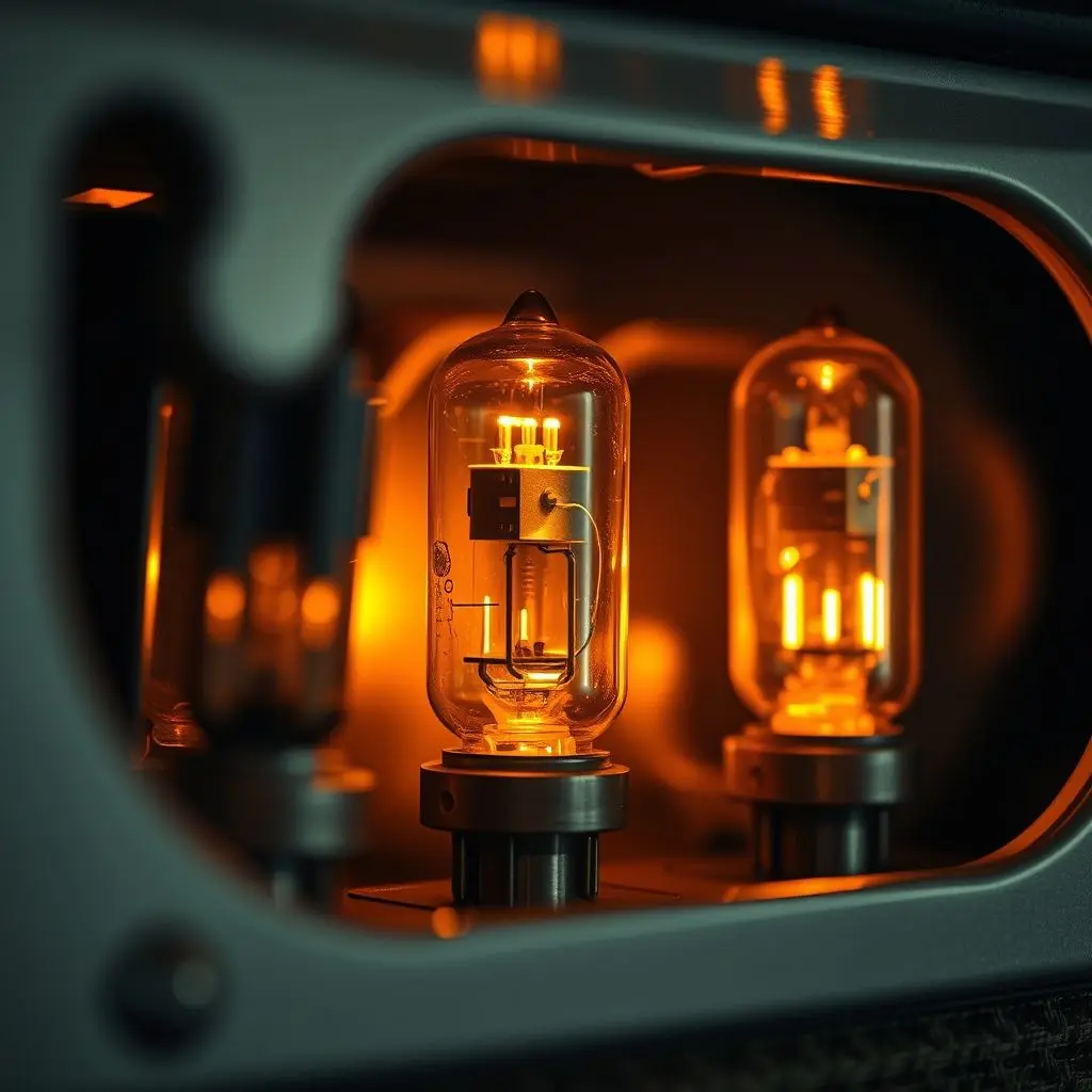 Close-up image of glowing vacuum tubes in a guitar amplifier, showing their internal structure faintly.