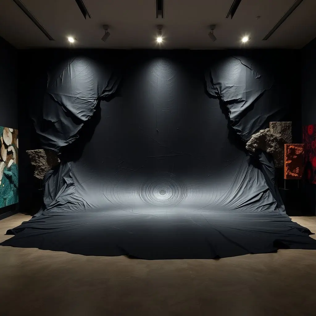 Abstract art installation featuring a deep, dark Vantablack surface creating a void effect