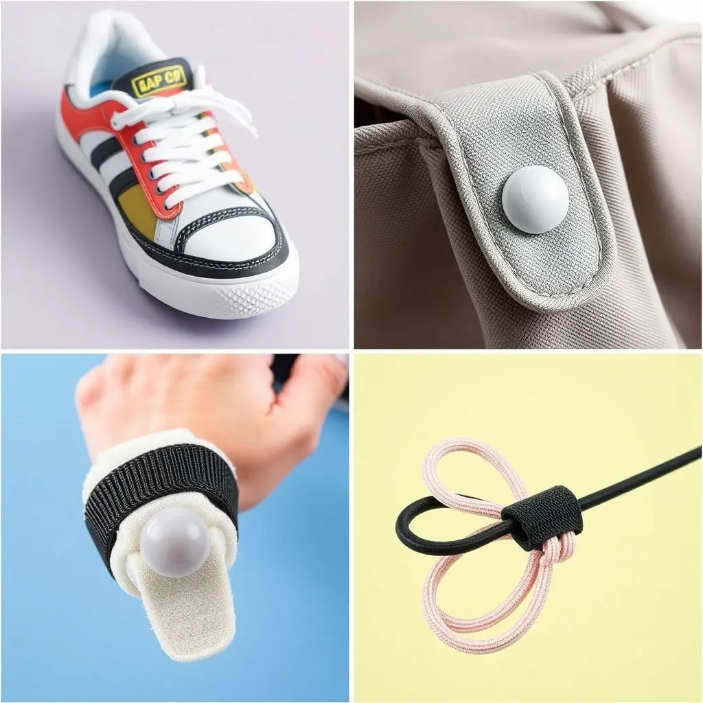 Collage or image showing diverse products using Velcro fasteners (shoes, bags, medical brace, etc.).