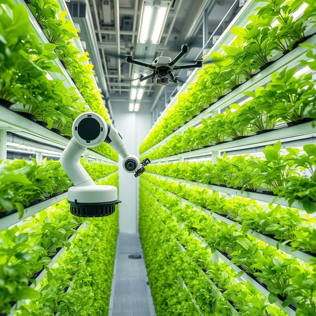 AI controlled vertical farm with stacked layers of plants under LED lights