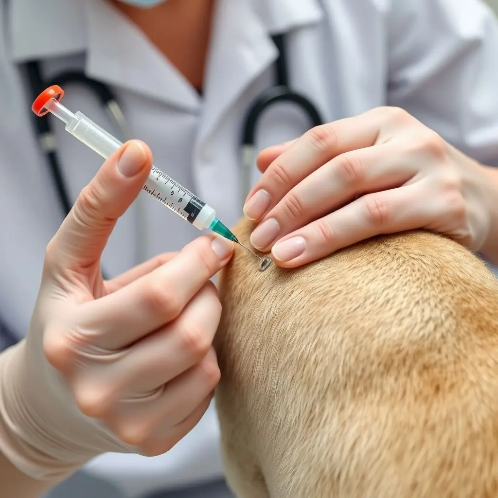 Photo of a veterinarian gently injecting a microchip into a pet between its shoulder blades.