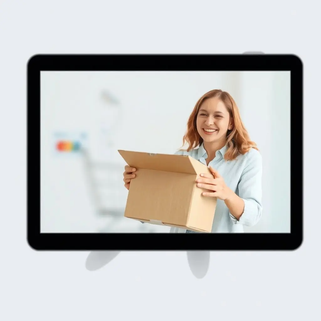 Abstract image of a happy person virtually interacting with a newly unboxed item on a screen, symbolizing vicarious ownership.