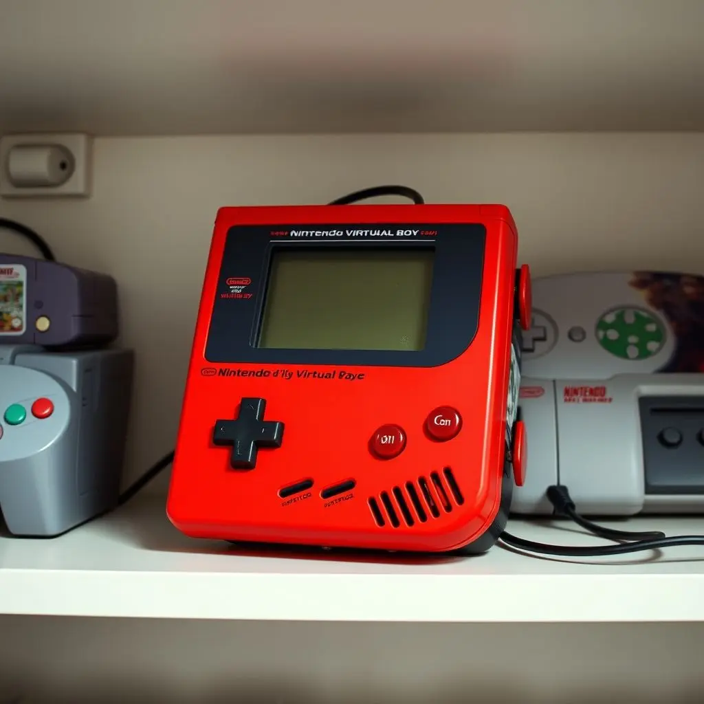 A vibrant, well-lit photograph of a Nintendo Virtual Boy console displayed as a prized collector's item on a shelf, alongside other classic retro gaming consoles like a SNES or N64.