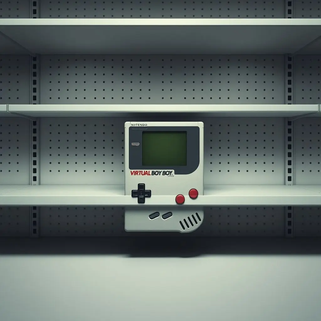 A stark, minimalist depiction of a Nintendo Virtual Boy box, looking out of place and unsold on an otherwise empty, dimly lit store shelf, symbolizing its short retail lifespan and low sales numbers.