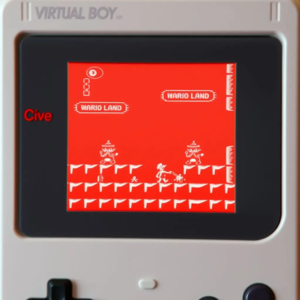 An artistic rendering of a game scene from 'Wario Land' on the Virtual Boy, showcasing the distinct red monochrome graphics and the sense of depth.