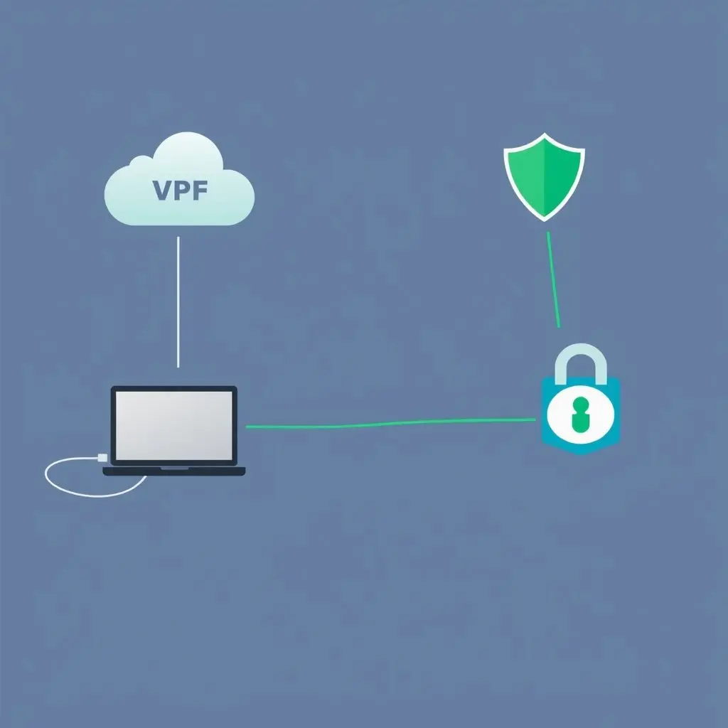 Diagram showing a user's device connecting to a public Wi-Fi network, with a green encrypted tunnel extending through the internet to a VPN server, before connecting to the desired website.
