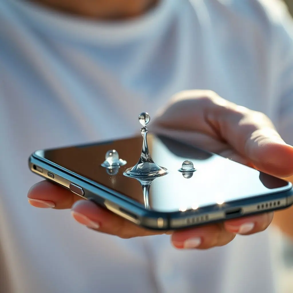 A person demonstrating water rolling off a phone screen protected by a hydrophobic coating.