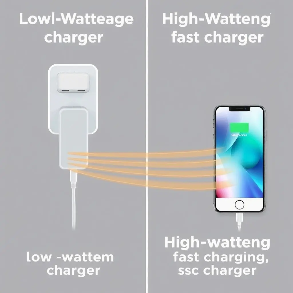 Comparison of a slow charger and a fast charger connected to phones showing speed difference