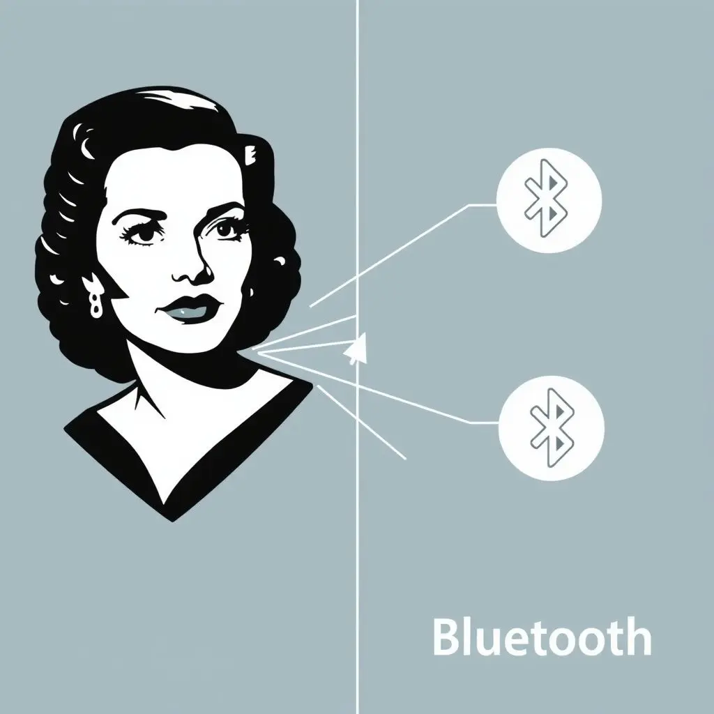Illustration showing connection lines from Hedy Lamarr to Wi-Fi and Bluetooth logos