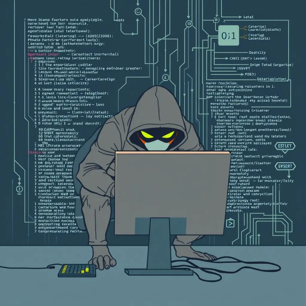 Illustration of an attacker figure hunched over a computer, surrounded by complex code, symbolizing the process of developing a zero-day exploit.