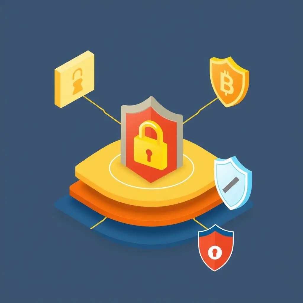 Illustration showing multiple layers of security – firewall, lock, shield – protecting a central server, representing layered defense against unknown threats.