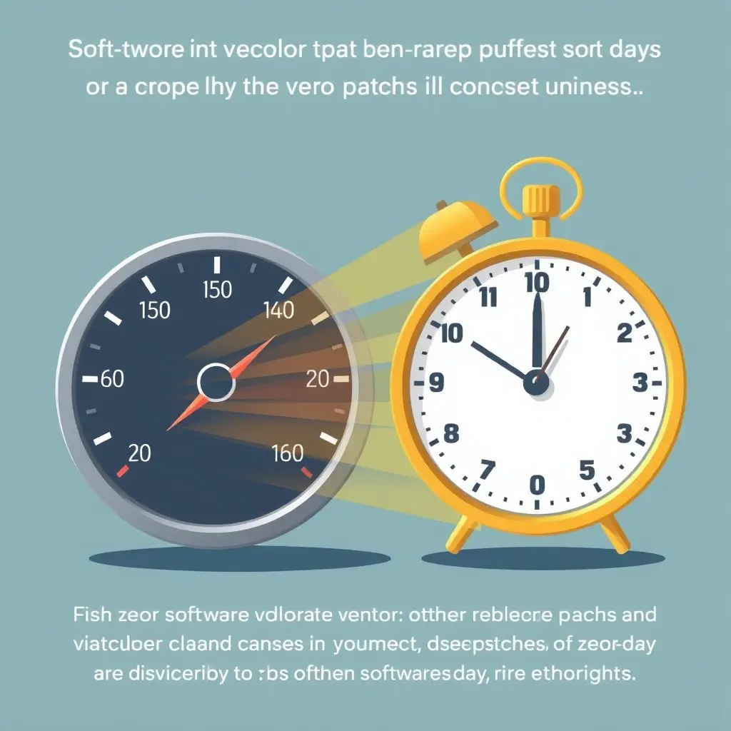 Illustration depicting a speedometer and a clock ticking rapidly, symbolizing the urgent race for software vendors to develop and release patches for zero-day vulnerabilities.