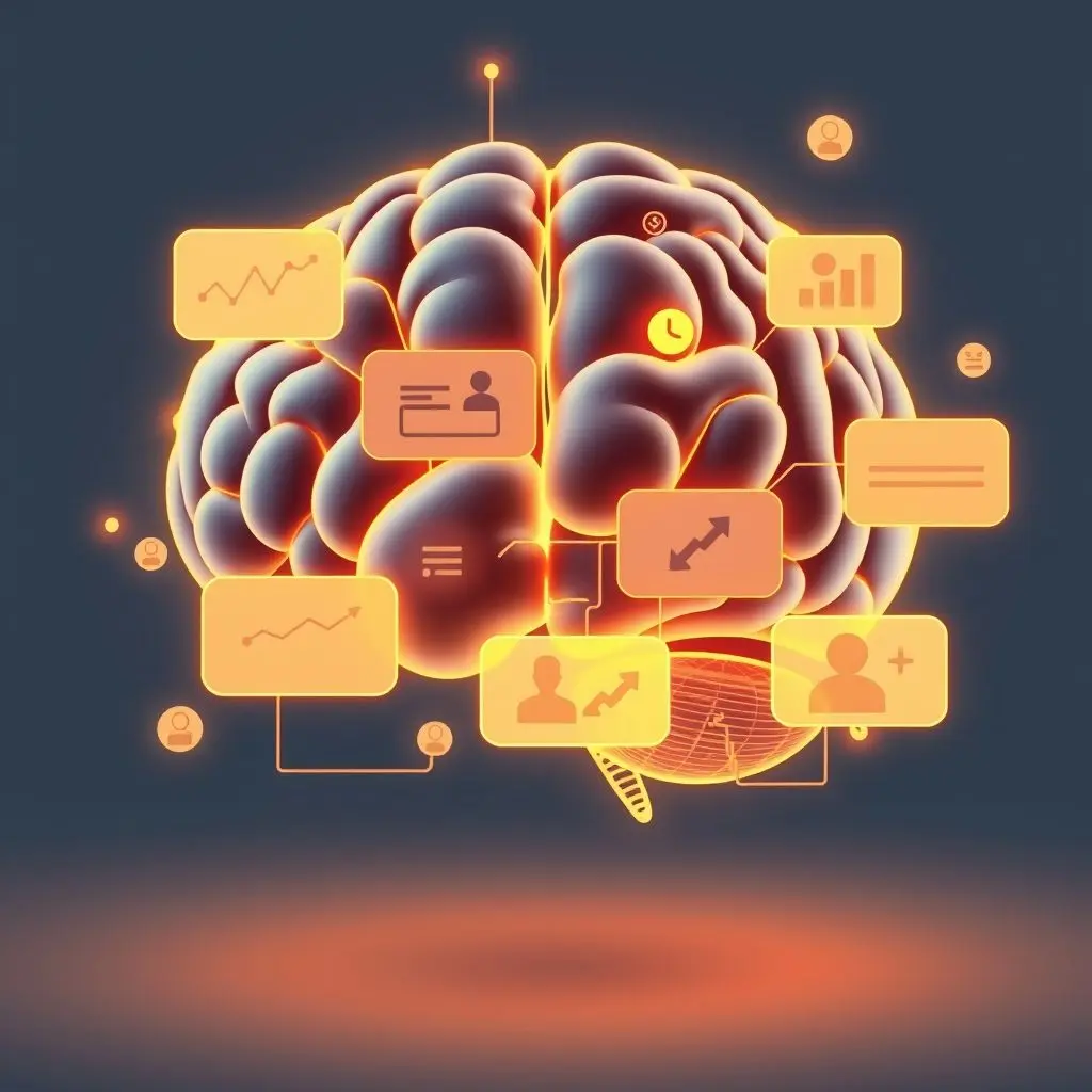 A stylized, glowing AI brain or neural network structure analyzing various data inputs and outputting personalized content bubbles on a screen.