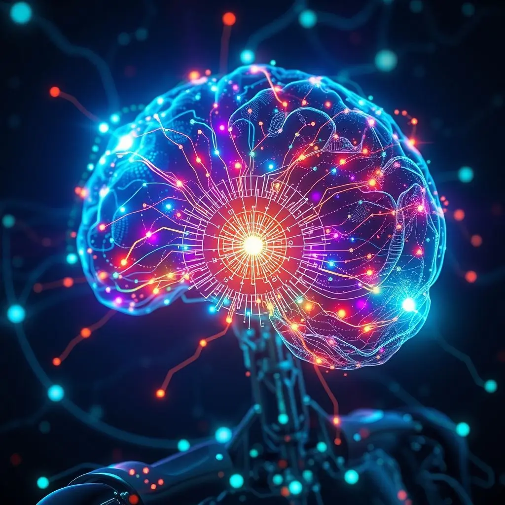 Stylized representation of an AI robot brain, showing glowing neural networks and data streams connecting various sensor inputs (LiDAR, camera feeds) to a central processing unit, illustrating real-time data fusion and decision-making.