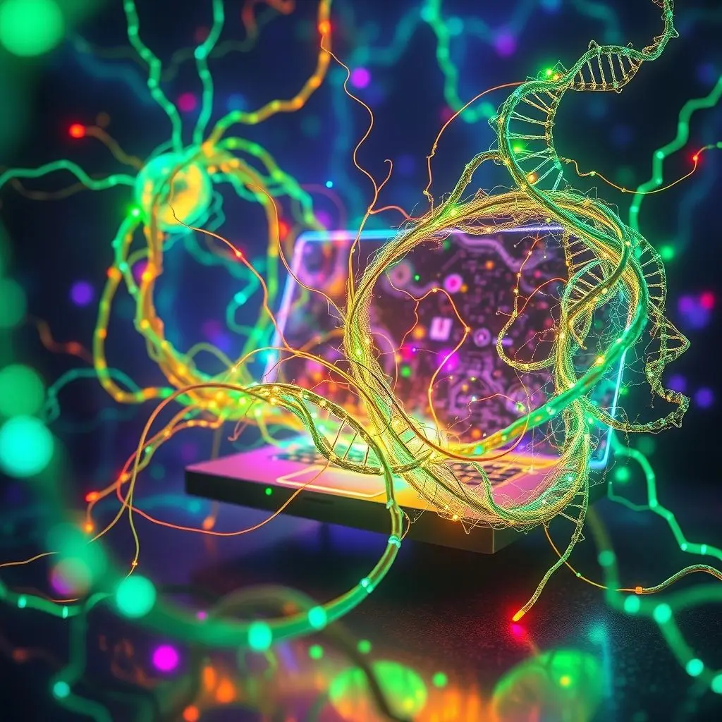 Conceptual image of a biocomputer with organic, glowing neural networks and DNA strands.