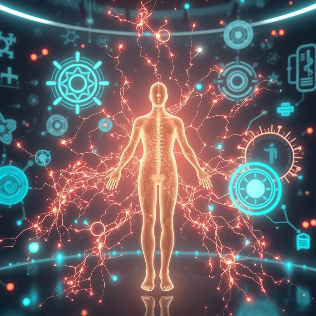 Abstract image blending medical and AI themes, showing human silhouettes with biological networks.