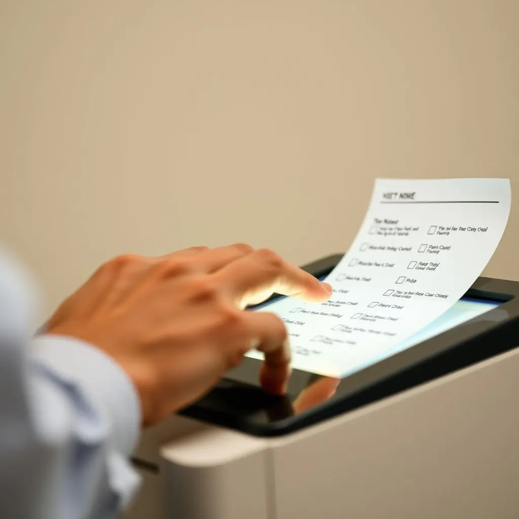 How Ballot Marking Devices (BMDs) Produce Paper Ballots Person's hand interacting with a Ballot Marking Device (BMD) touchscreen, while a paper ballot prints showing marked choices