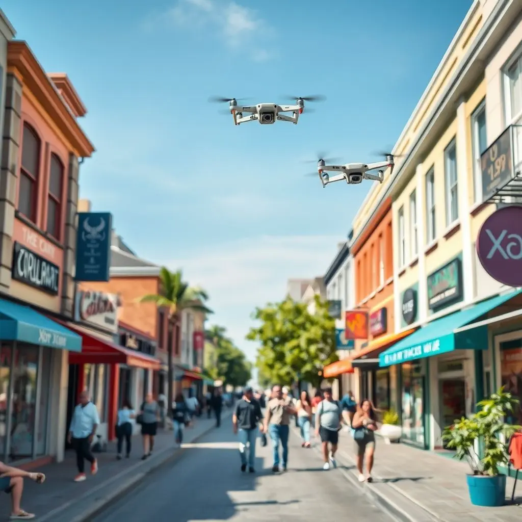 A vibrant and clean city street scene with people, showcasing the positive impact of reduced graffiti, with a tiny drone in the distant sky.