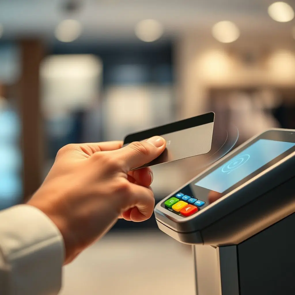 A hand holding a credit card, tapping it against a modern payment terminal, with subtle, glowing waves emanating from the card to the terminal, representing secure Near Field Communication (NFC) in action.