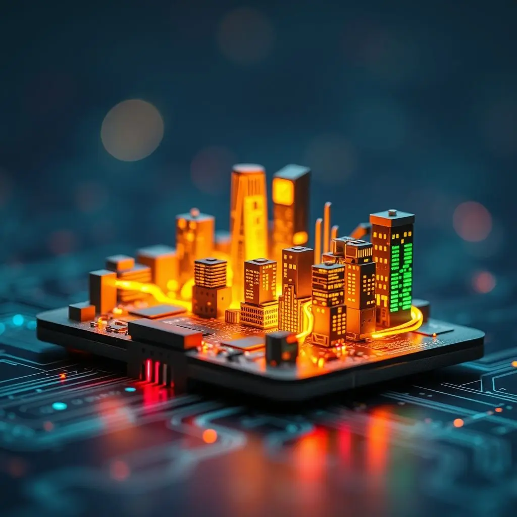 A close-up, abstract shot of a credit card chip, depicted as a glowing, miniature cityscape of interconnected circuits and data streams, emphasizing it as a 'tiny computer'.