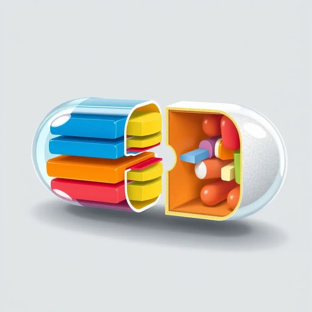 Custom Drug Release Profile 3D Pill Illustration showing a 3D-printed pill with multiple layers, each dissolving at a different rate to demonstrate custom drug release profiles