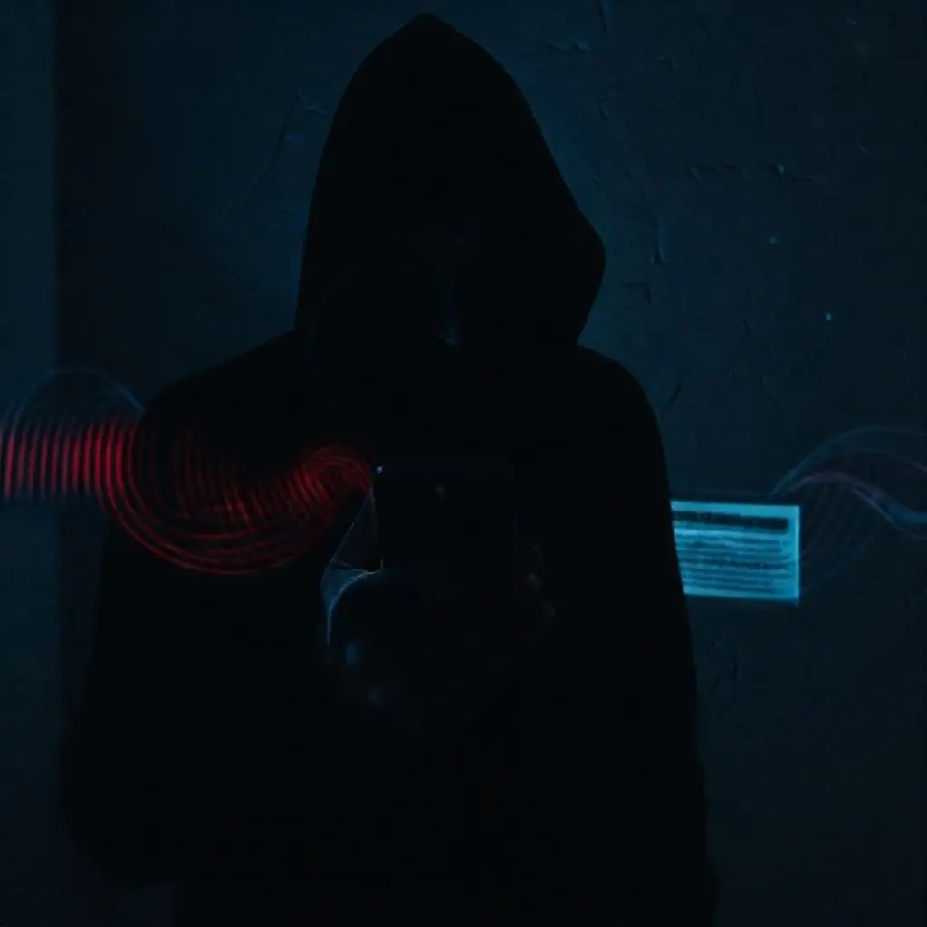 A deepfake audio scam scenario, with a shadowy figure on a phone call and misleading headlines.
