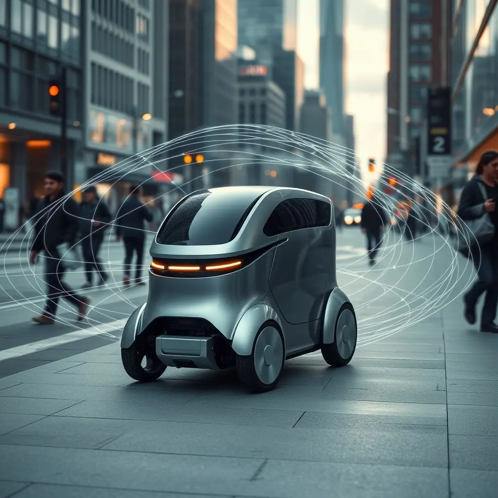 Delivery robot using LiDAR to create a 3D map of its surroundings, showing laser beams radiating from the robot and forming a point cloud around obstacles like pedestrians and street furniture.