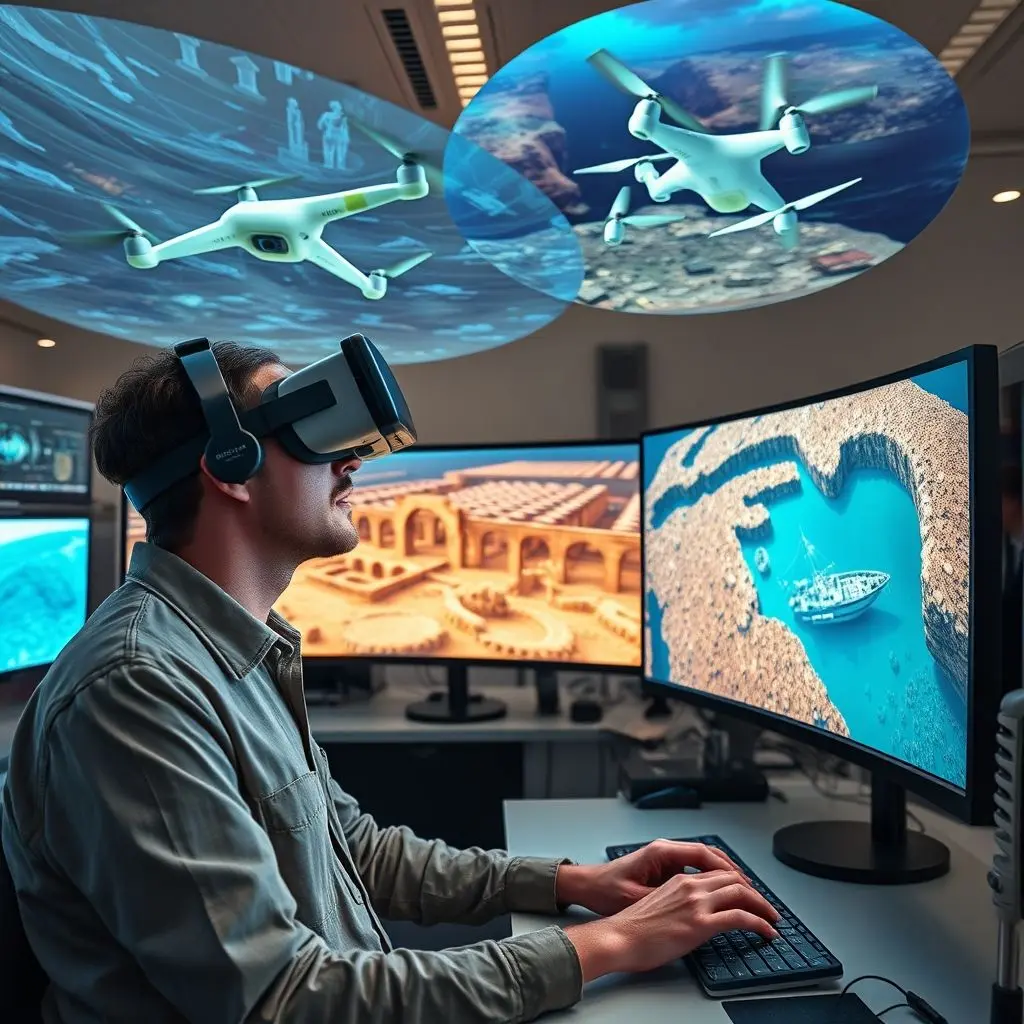 Archaeologist analyzing 3D models from robot-collected data at a workstation