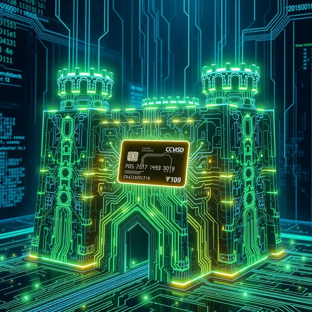 An abstract, futuristic fortress made of interconnected digital circuits and code, symbolizing advanced cybersecurity protecting financial financial transactions, with a credit card subtly integrated into the design.