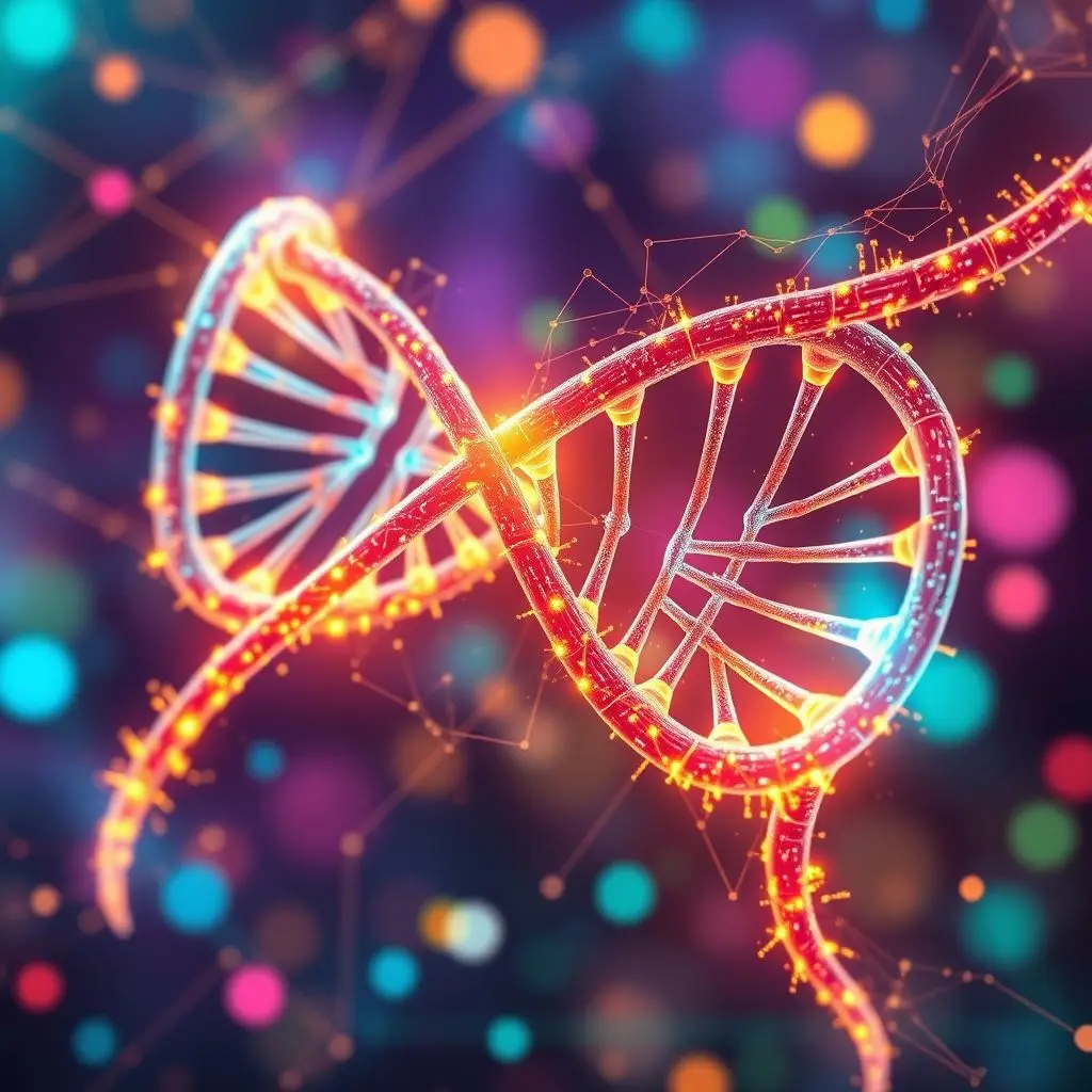 Vibrant illustration of DNA strands as a computational medium with data flow.