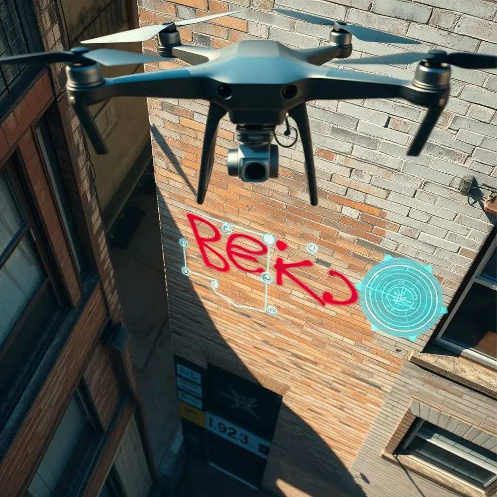 High-angle view from a drone showing graffiti on a building wall with a digital overlay indicating AI detection.