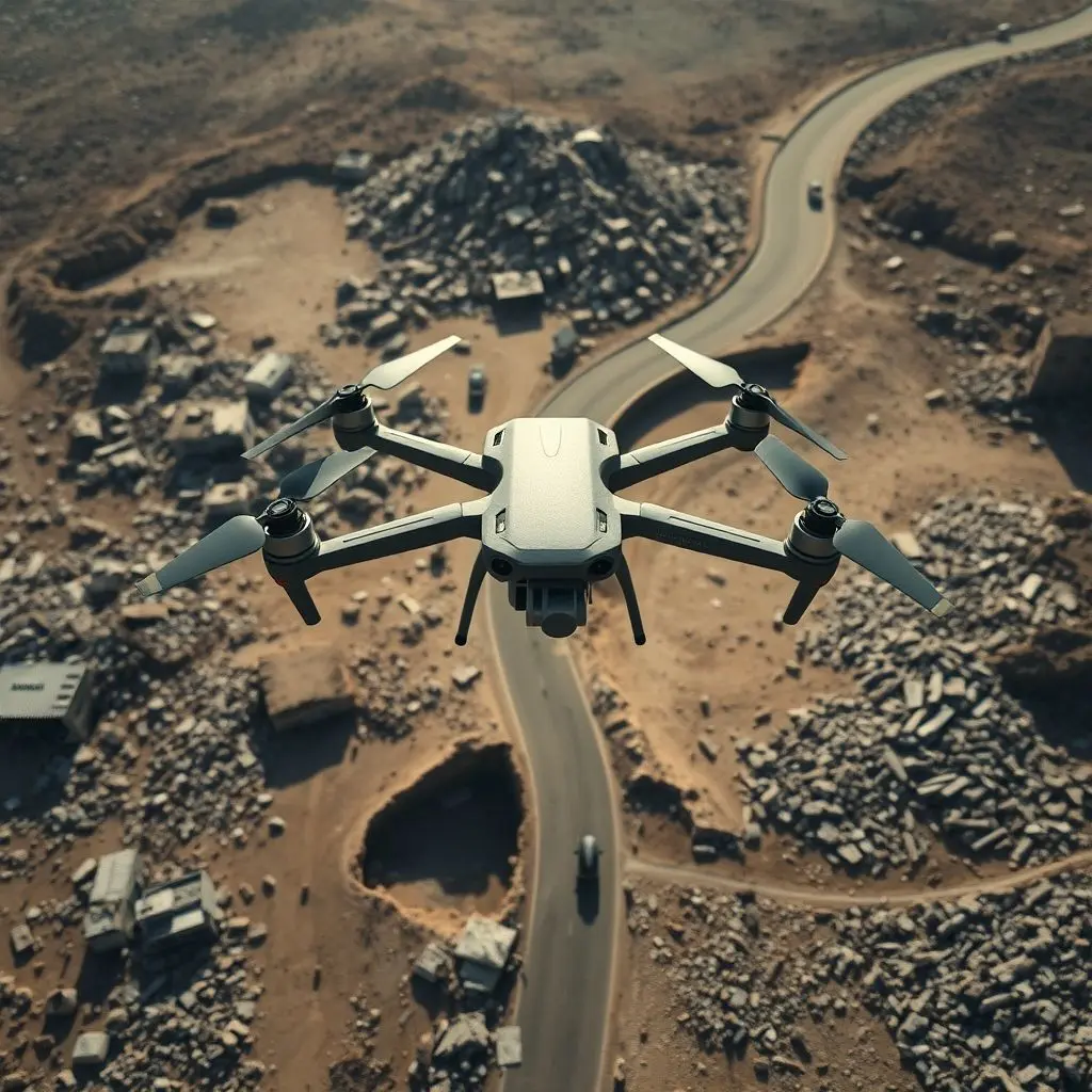 Disposable drone surveying a collapsed building and mapping earthquake damage from above