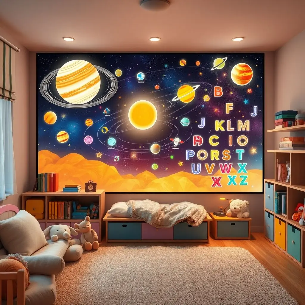A vibrant e-paper wall in a child's bedroom displaying an animated solar system, designed for interactive learning and play.