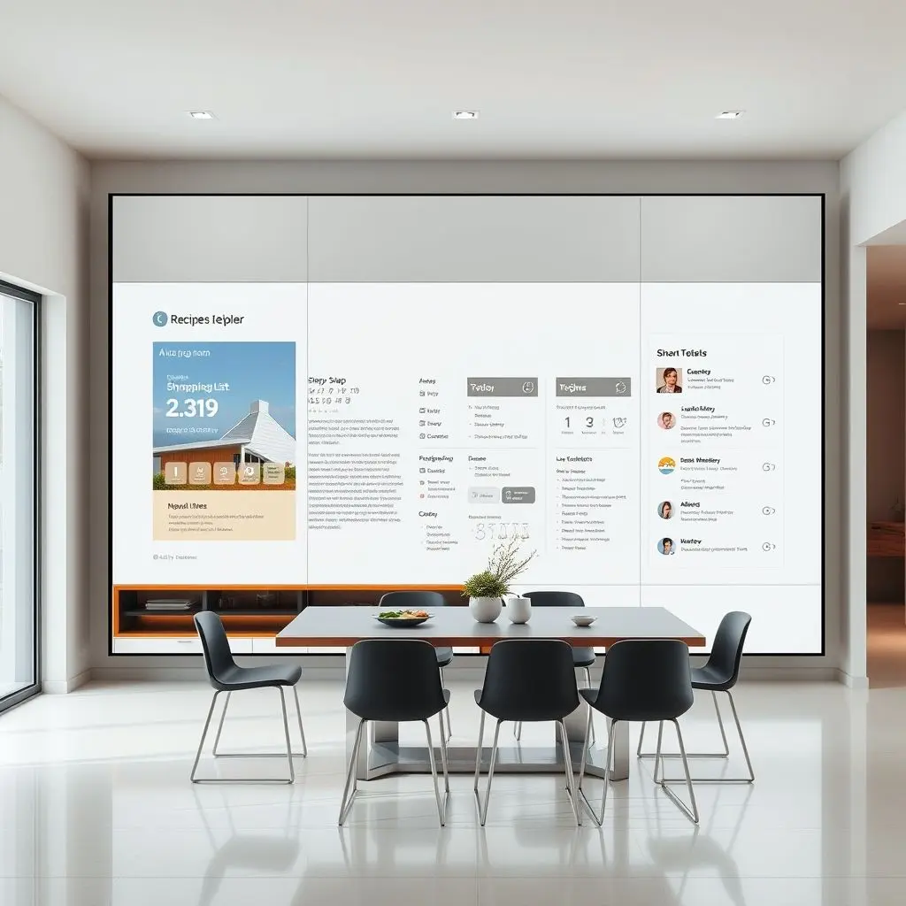 A modern kitchen wall featuring an e-paper display showing a dynamic recipe, grocery list, and weather forecast, integrated into a smart home.