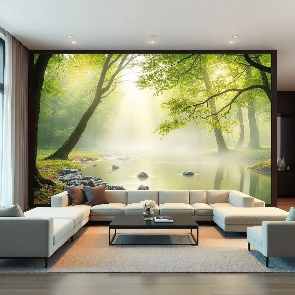 A modern living room featuring an e-paper wall displaying a serene forest landscape, seamlessly integrated with minimalist decor.