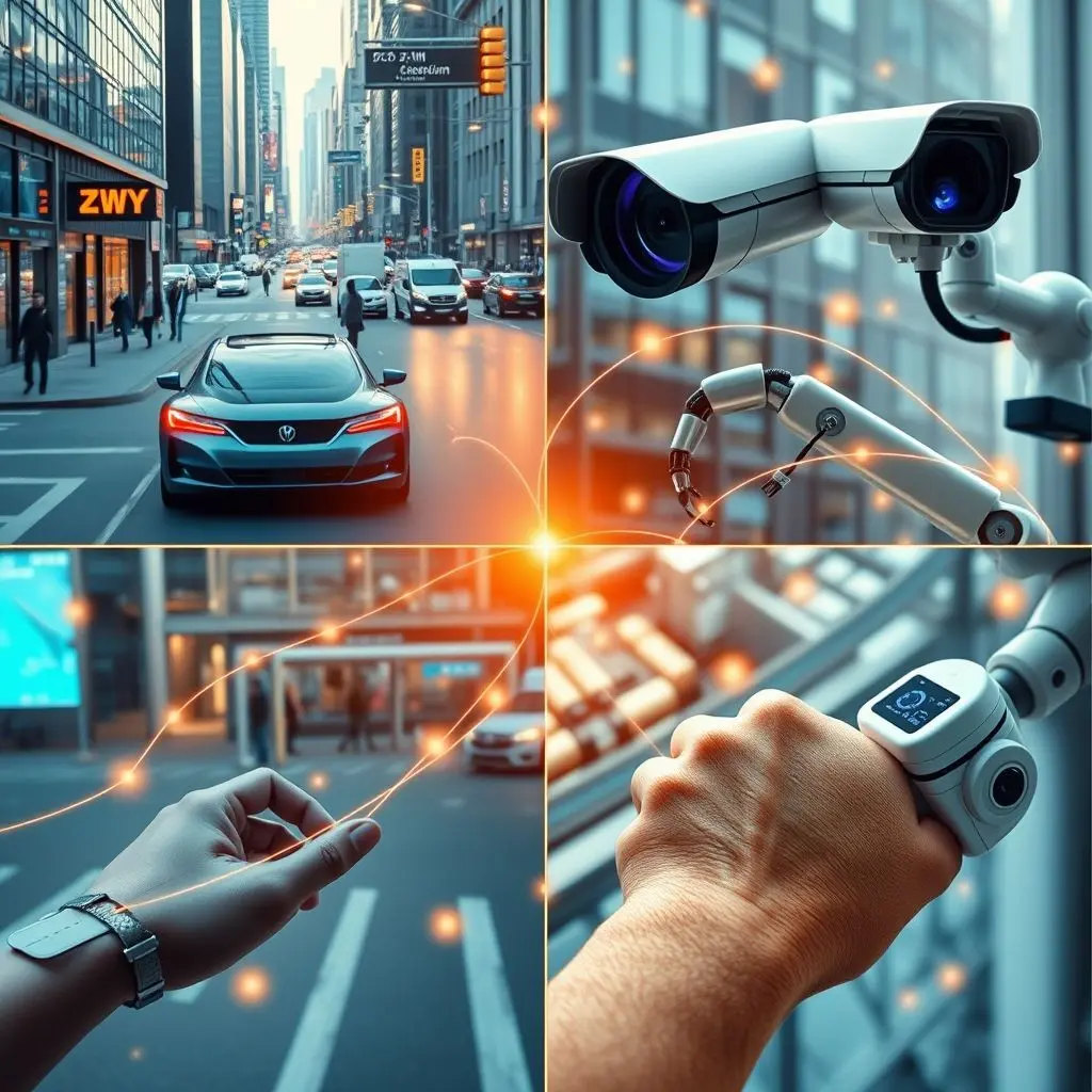 Collage of various Edge AI applications: autonomous car, smart city surveillance camera, factory robot, and a healthcare wearable, all connected by faint lines to symbolize local processing.