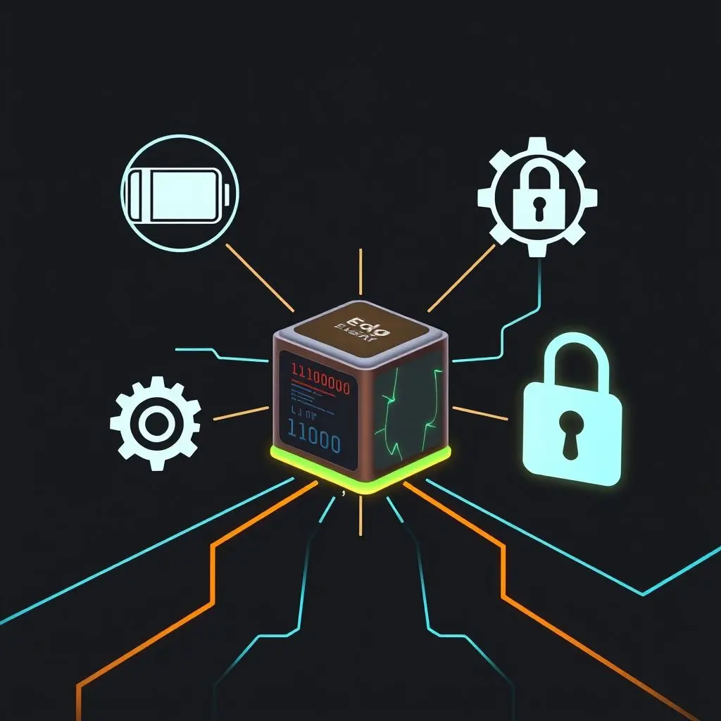 Symbolic image representing challenges of Edge AI, showing a small edge device surrounded by icons for limited power, complex code, and a padlock for security, with data flowing around it.