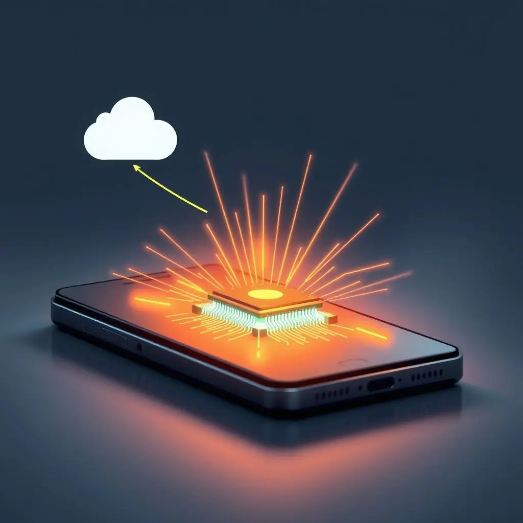 Conceptual image of Edge AI where data is processed locally on a device, represented by a small computer chip with light emanating from it, bypassing a distant cloud icon.