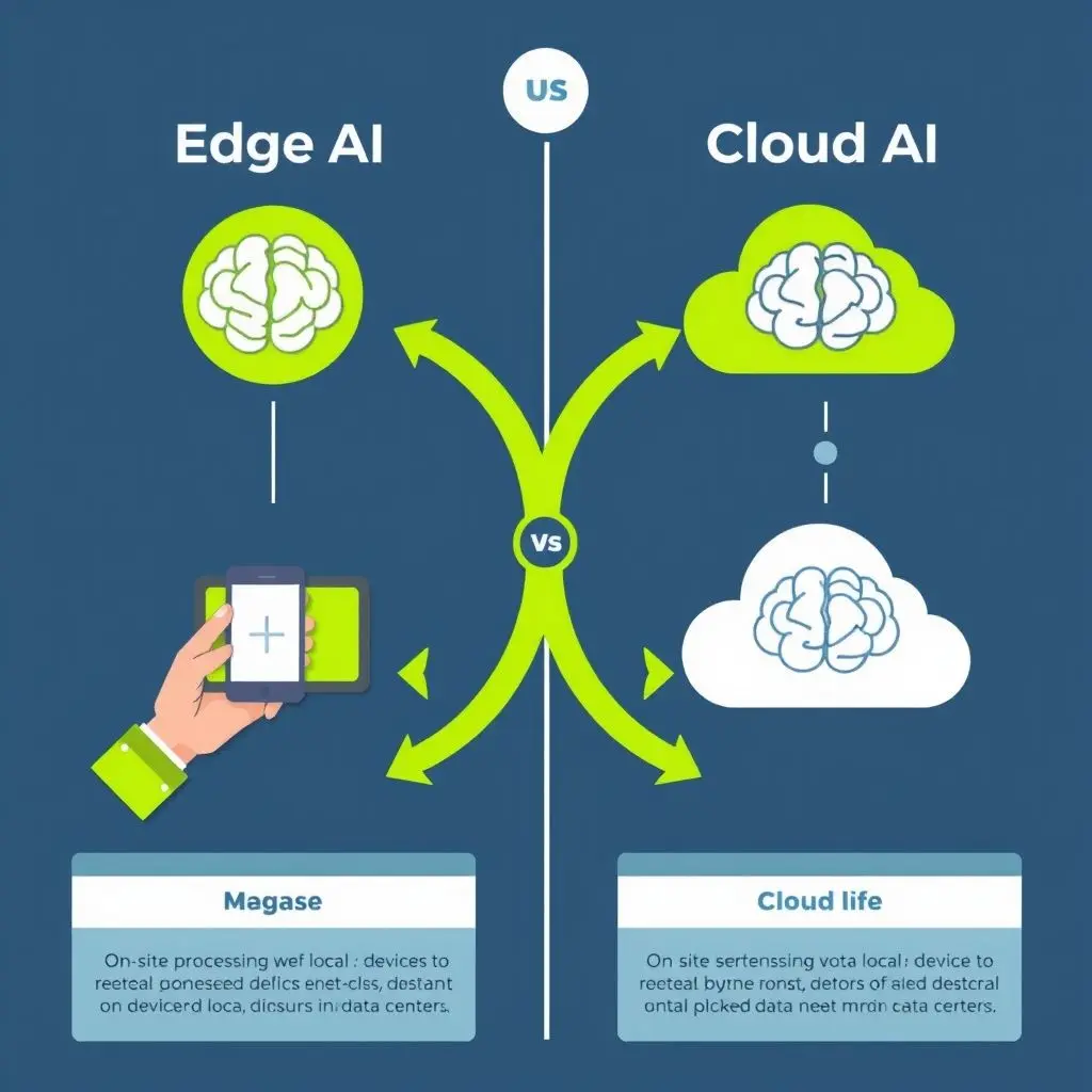 Infographic comparing Edge AI and Cloud AI, showing data processing occurring locally on a device for Edge AI and remotely in a data center for Cloud AI.